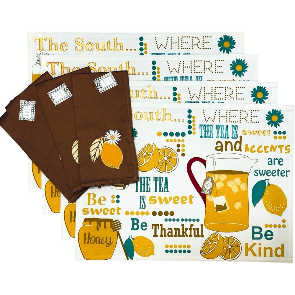 Set of 4 Placemats and Napkins Simply Southern Set SWEET TEA Lemons and Daisies